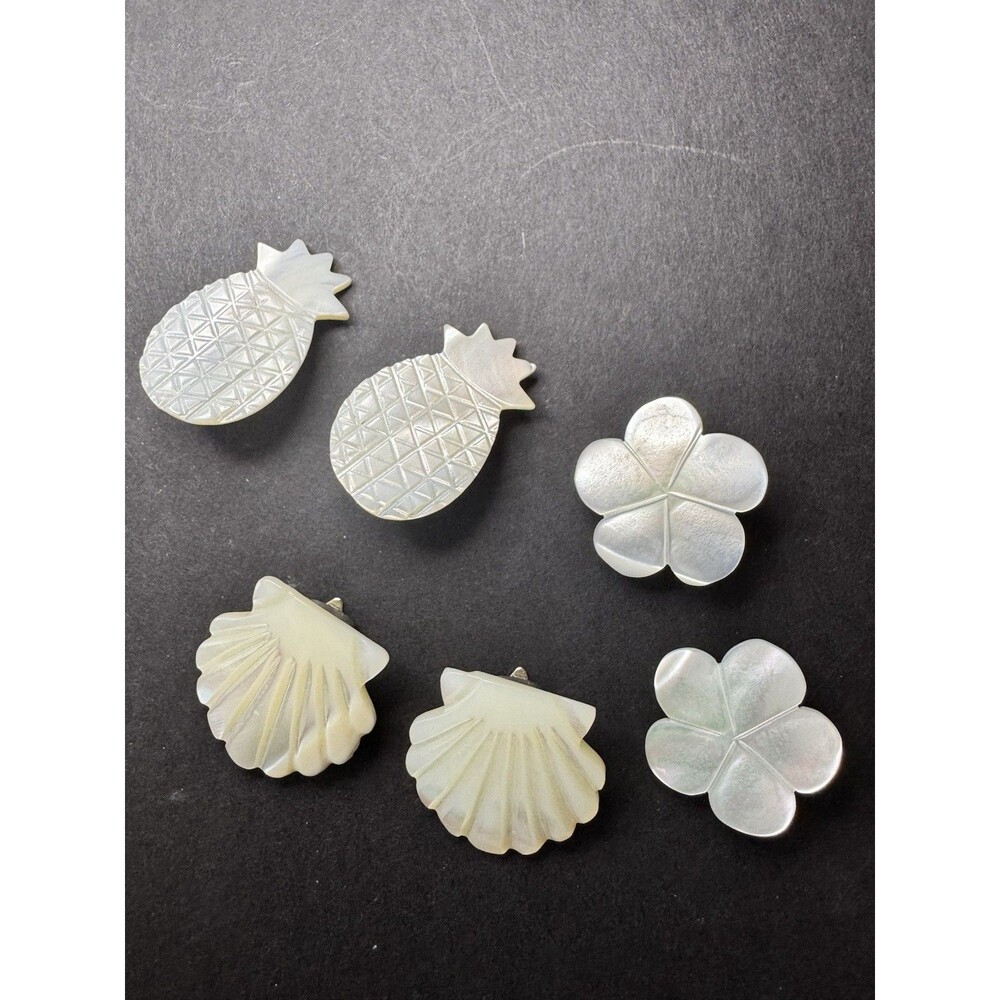 Vintage Mother of Pearl Clip On Earrings Lot 3 Pairs Pineapple Flower Scallop